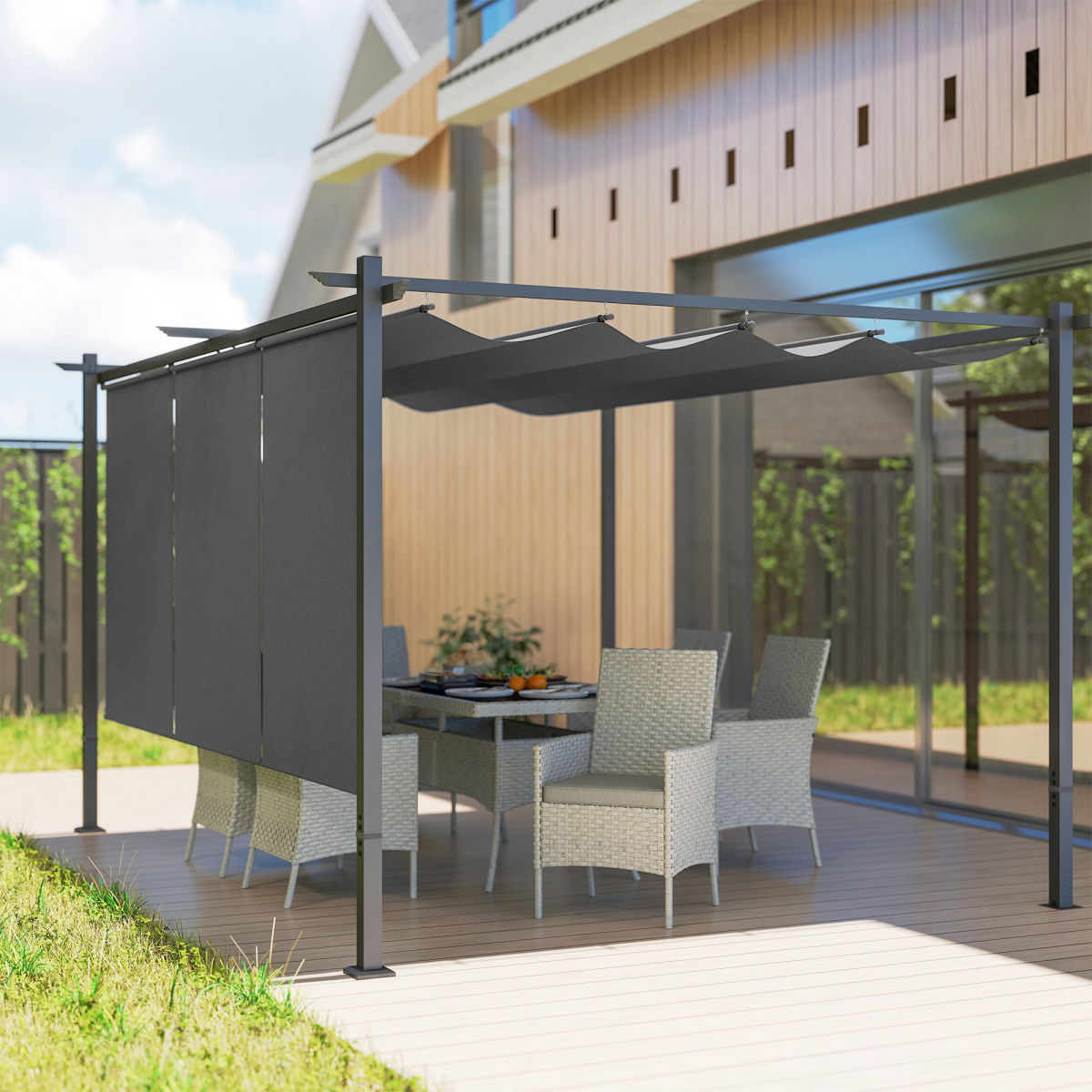 Outsunny 3 x 4m Metal Pergola with Retractable Roof and Roller Shade