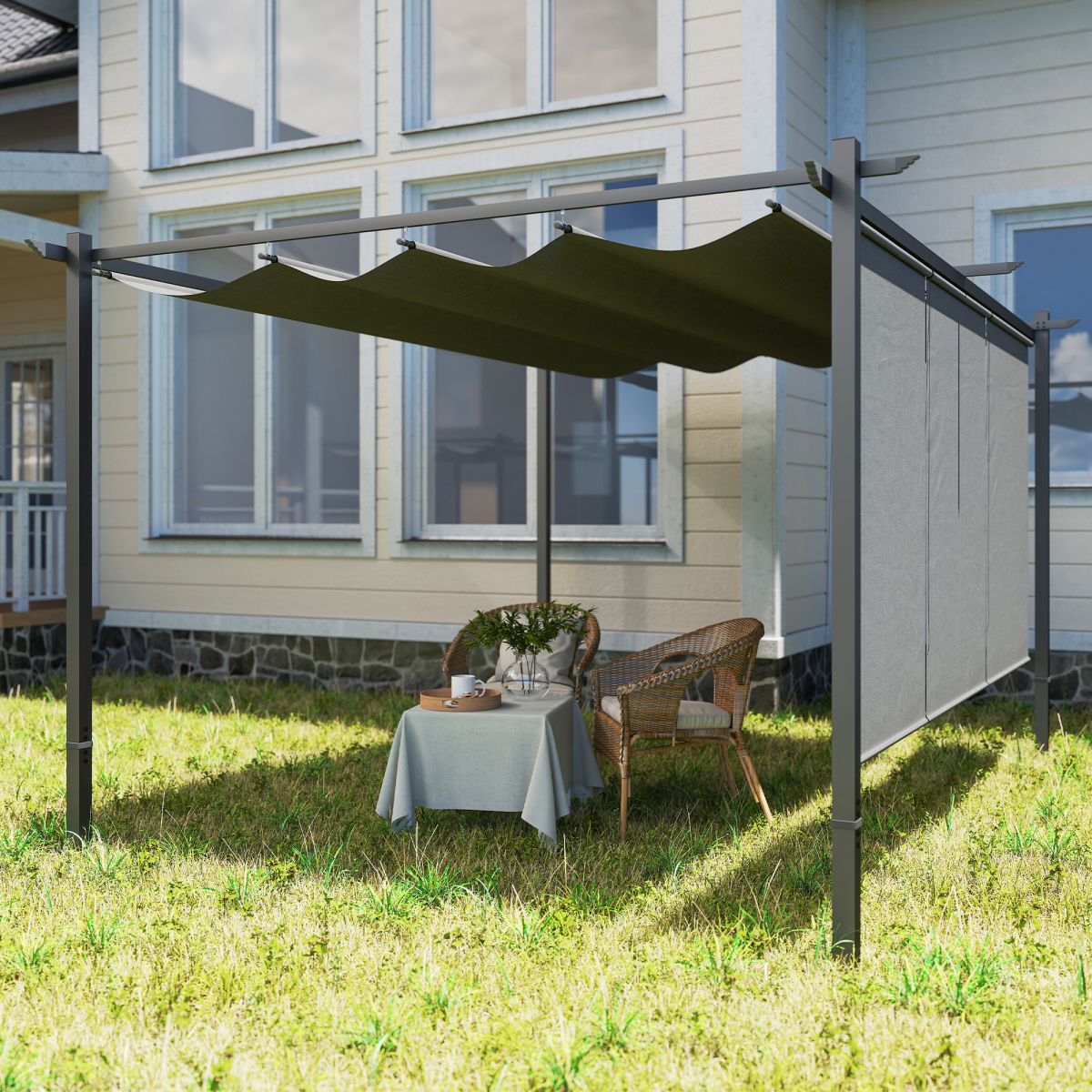 Outsunny 3 x 4m Metal Pergola with Retractable Roof and Roller Shade