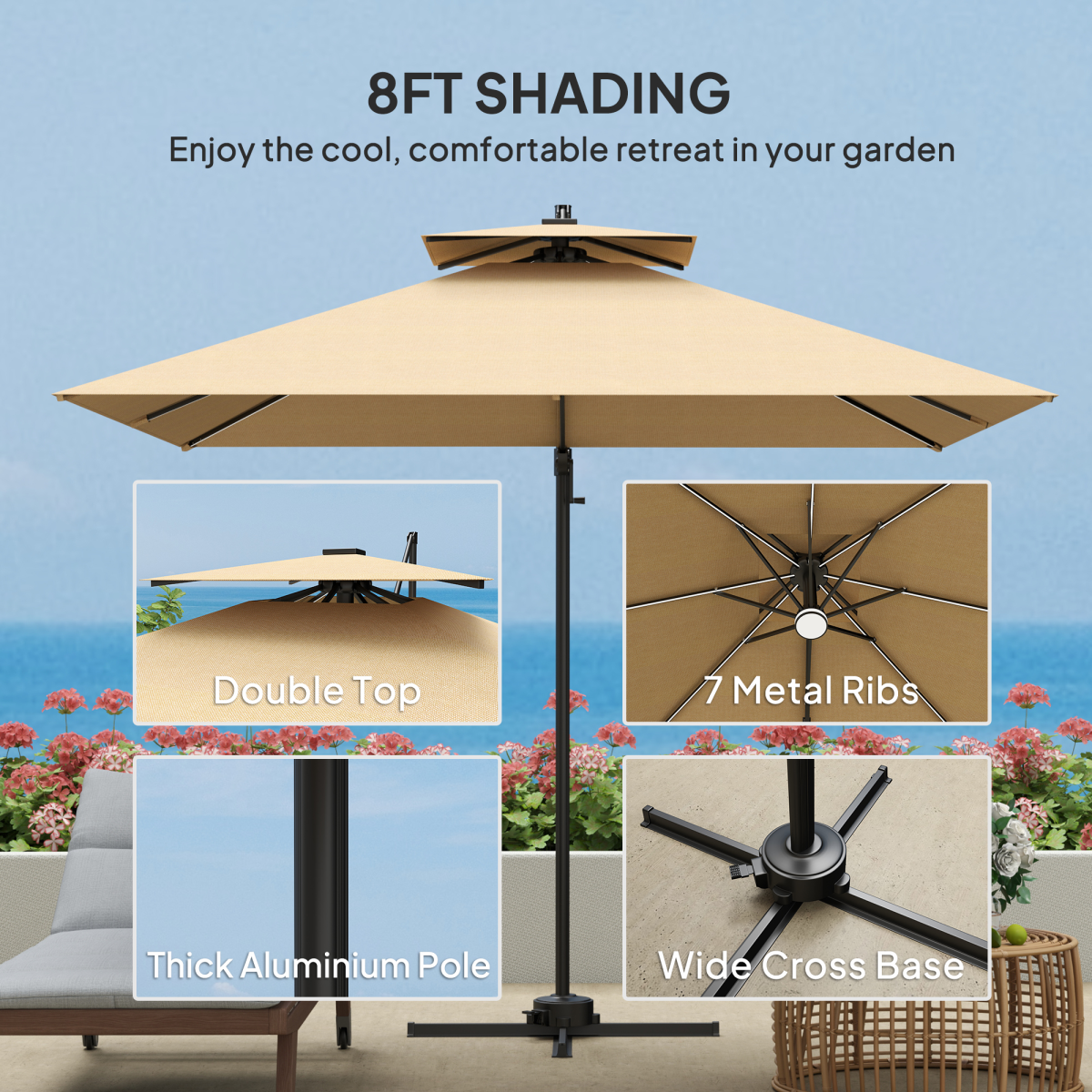 Outsunny 2.5m Cantilever Parasol, Garden Parasol with Lights