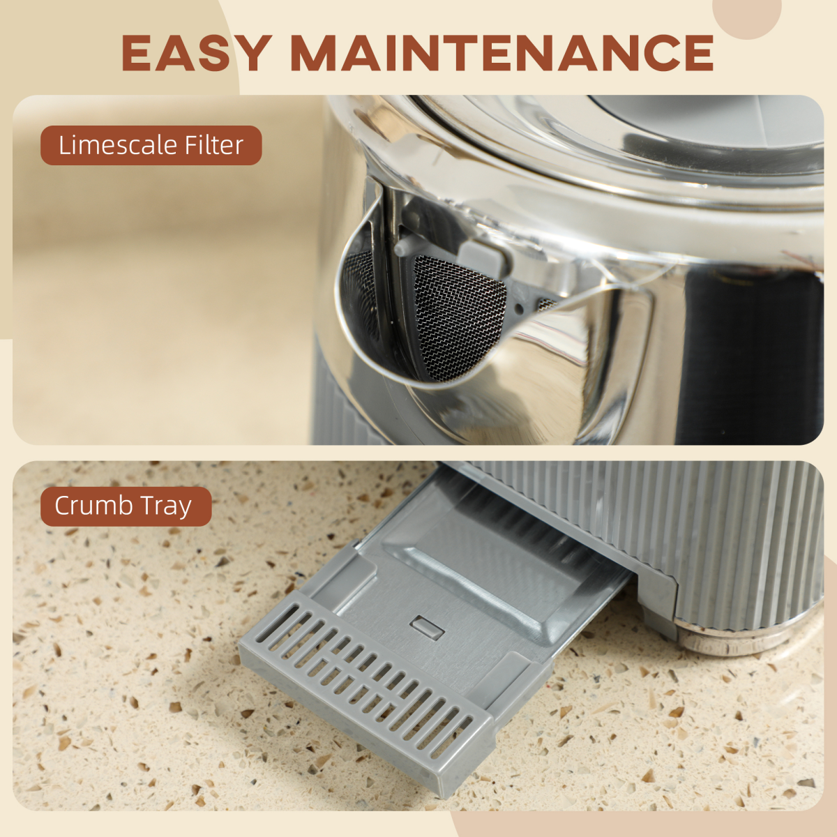 HOMCOM 1.7L 3000W Rapid Boil Kettle and 4 Slice Toaster Set Crumb Tray Black