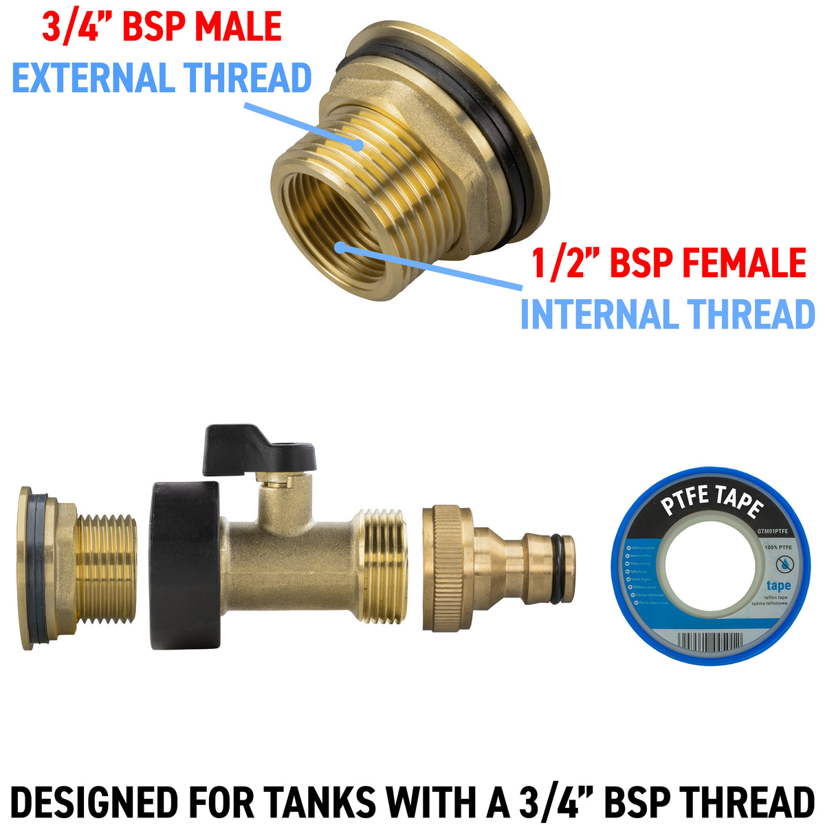 Brass Water Butt Kit 3/4in with Brass Valve + Tap Connector + 27mm Drill Bit