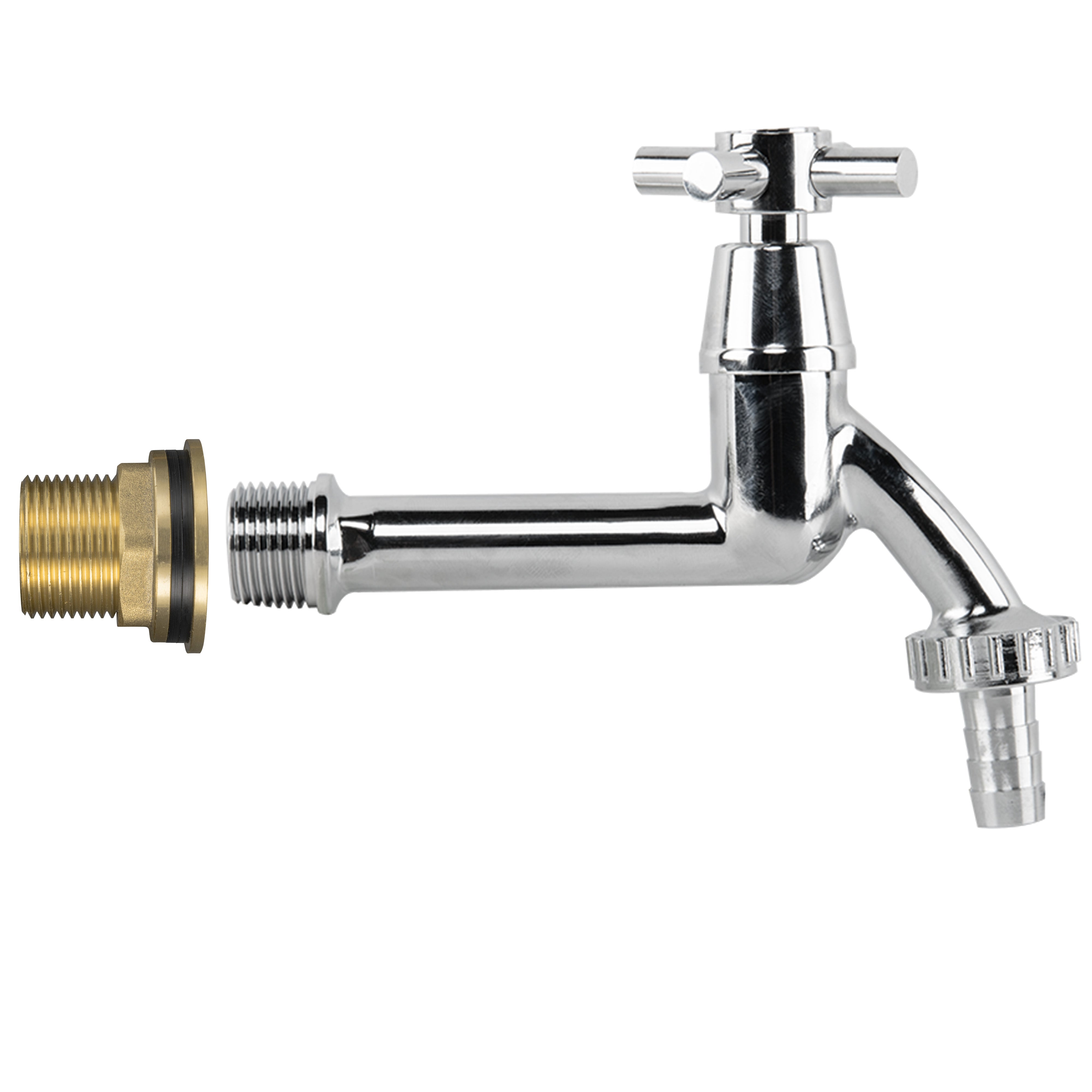 Water Butt Brass Kit 3/4" with Extended Brass Chrome Tap 1/2"  Barb