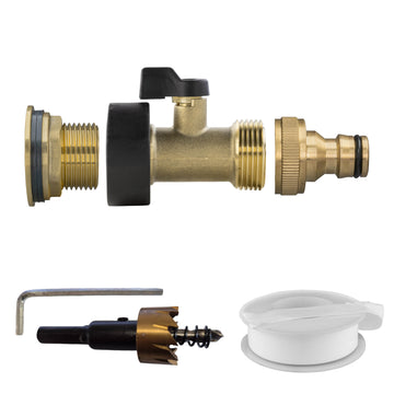 Brass Water Butt Kit 3/4in with Brass Valve + Tap Connector + 27mm Drill Bit