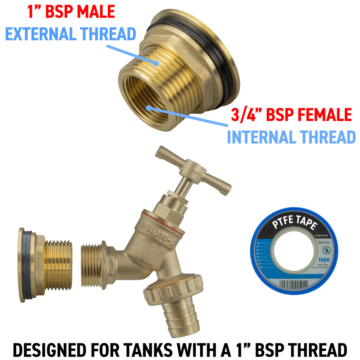 Brass Water Butt Tap Kit 1in with Brass Barbed Bib Tap + 34mm Drill Bit