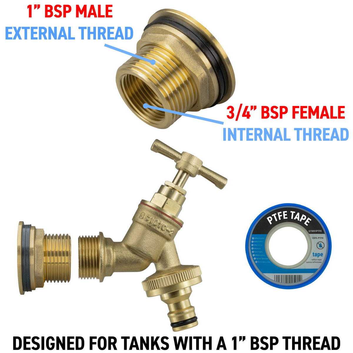 Brass Water Butt Tap Kit 1in with Brass Quick Connect Bib Tap + 34mm Drill Bit