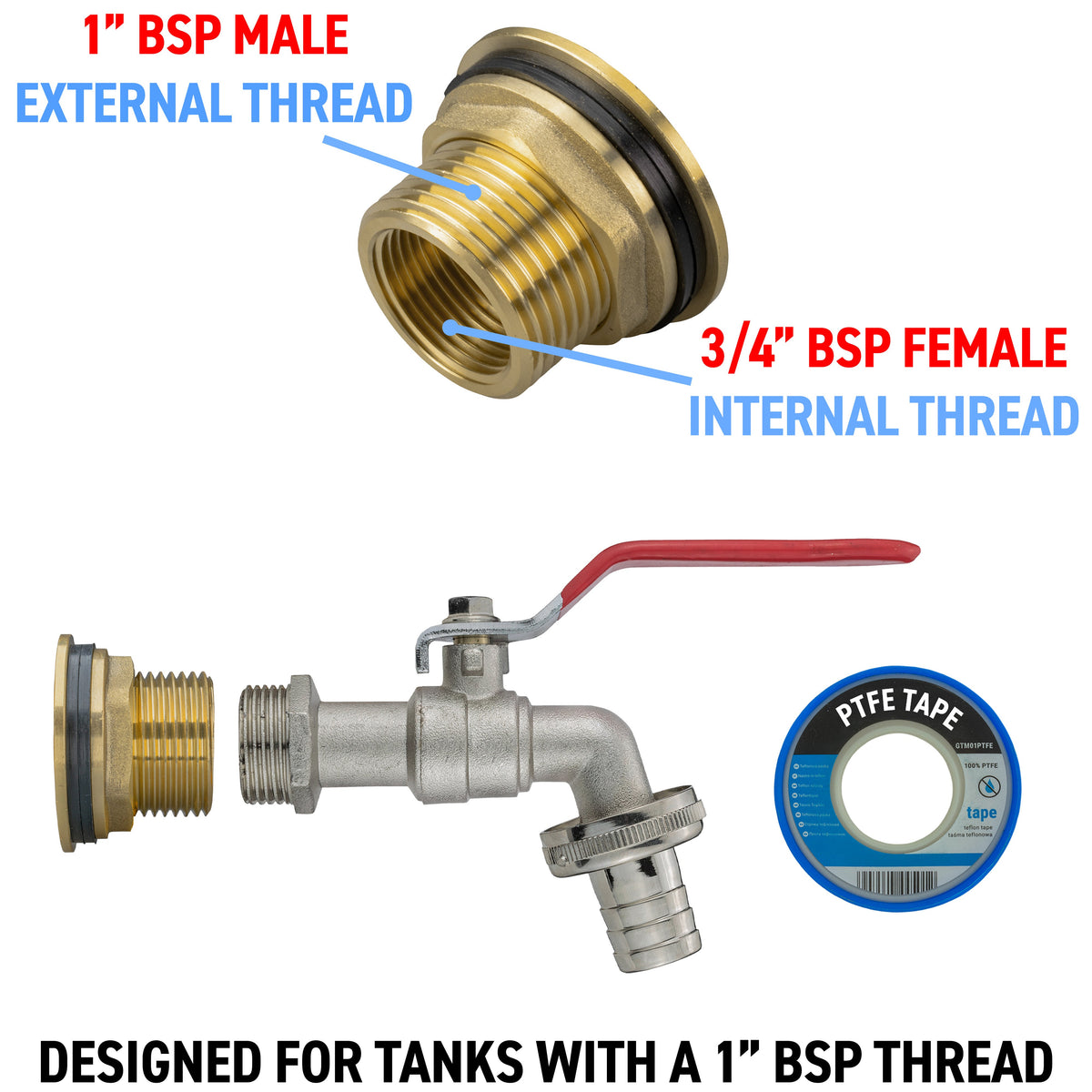 Brass Water Butt Tap Kit 1in with Barbed Lever Tap + 34mm Drill Bit Hose Fitting