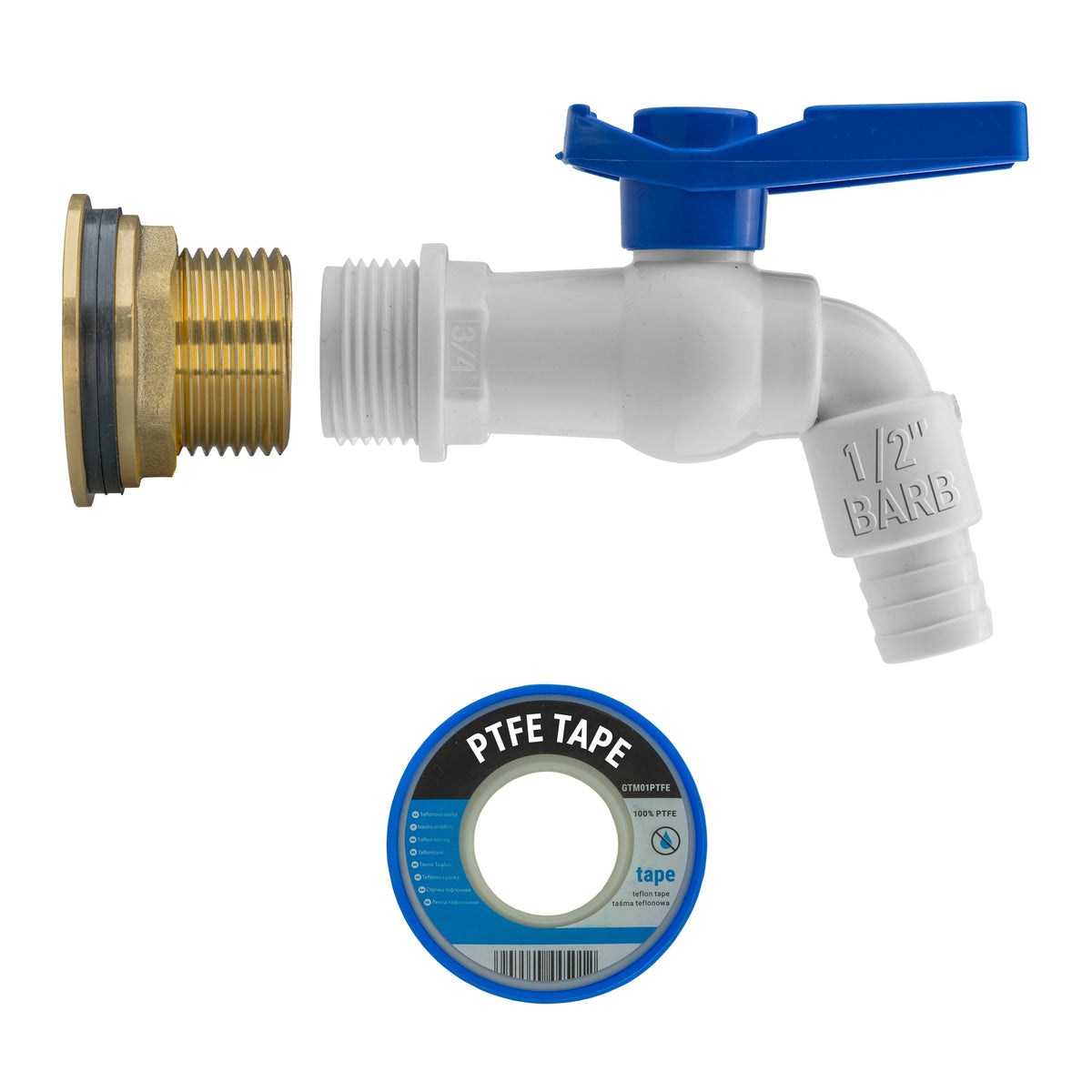 Brass Water Butt Tap Kit 1in with White PVC Tap + 34mm Drill Bit Hose Fitting