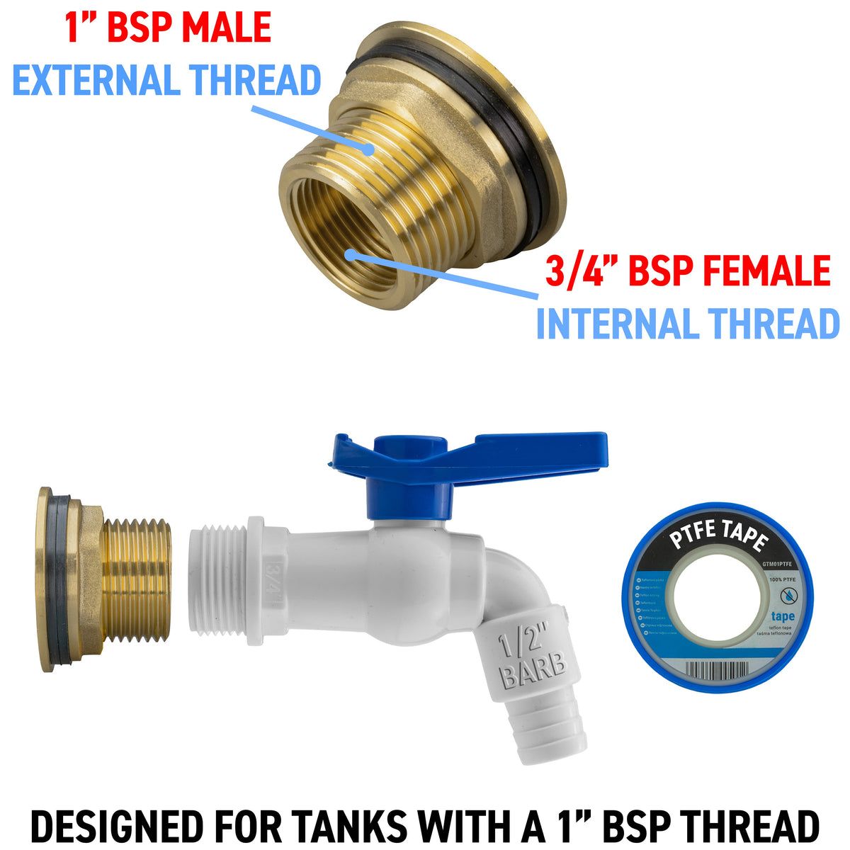 Brass Water Butt Tap Kit 1in with White PVC Tap + 34mm Drill Bit Hose Fitting