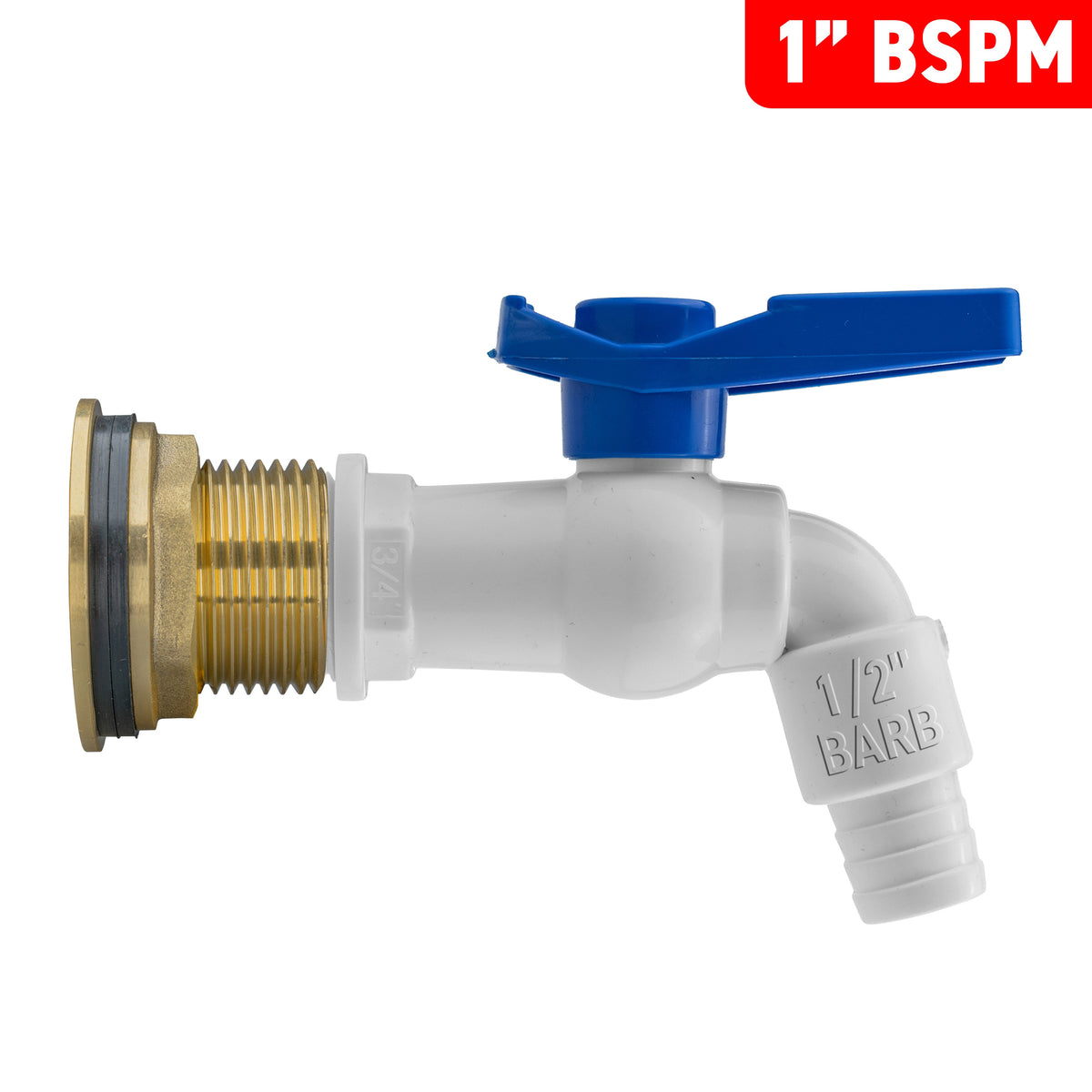 Brass Water Butt Tap Kit 1in with White PVC Tap + 34mm Drill Bit Hose Fitting