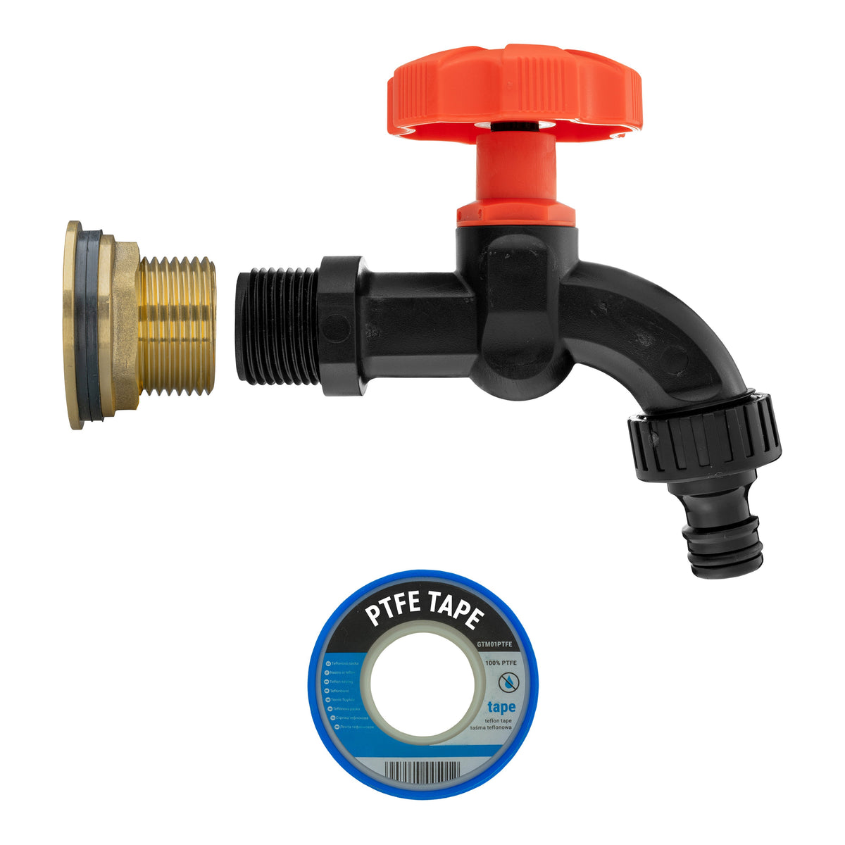 Brass Water Butt Tap Kit 1in with Black Dial Tap + 34mm Drill Bit Hose Fitting