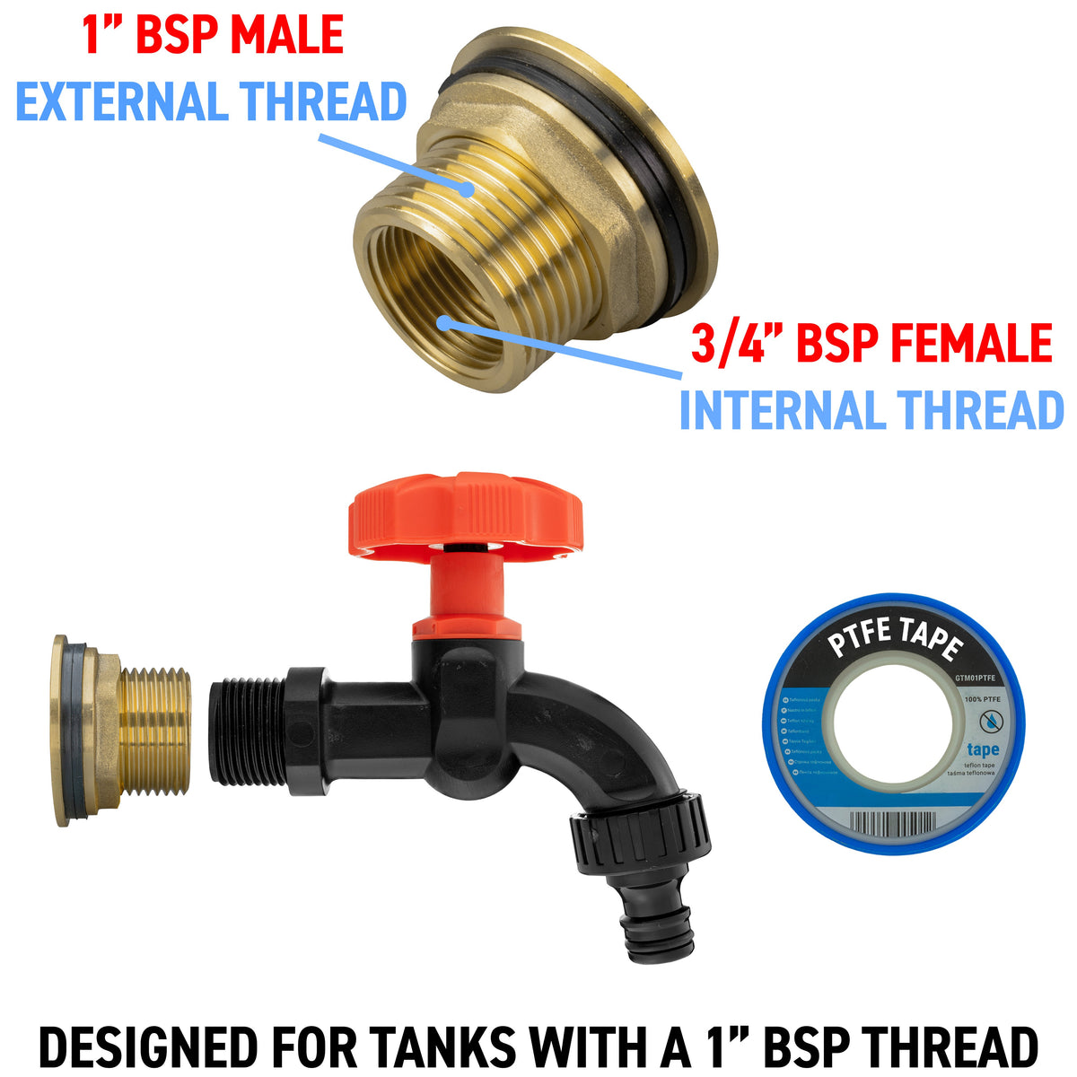Brass Water Butt Tap Kit 1in with Black Dial Tap + 34mm Drill Bit Hose Fitting
