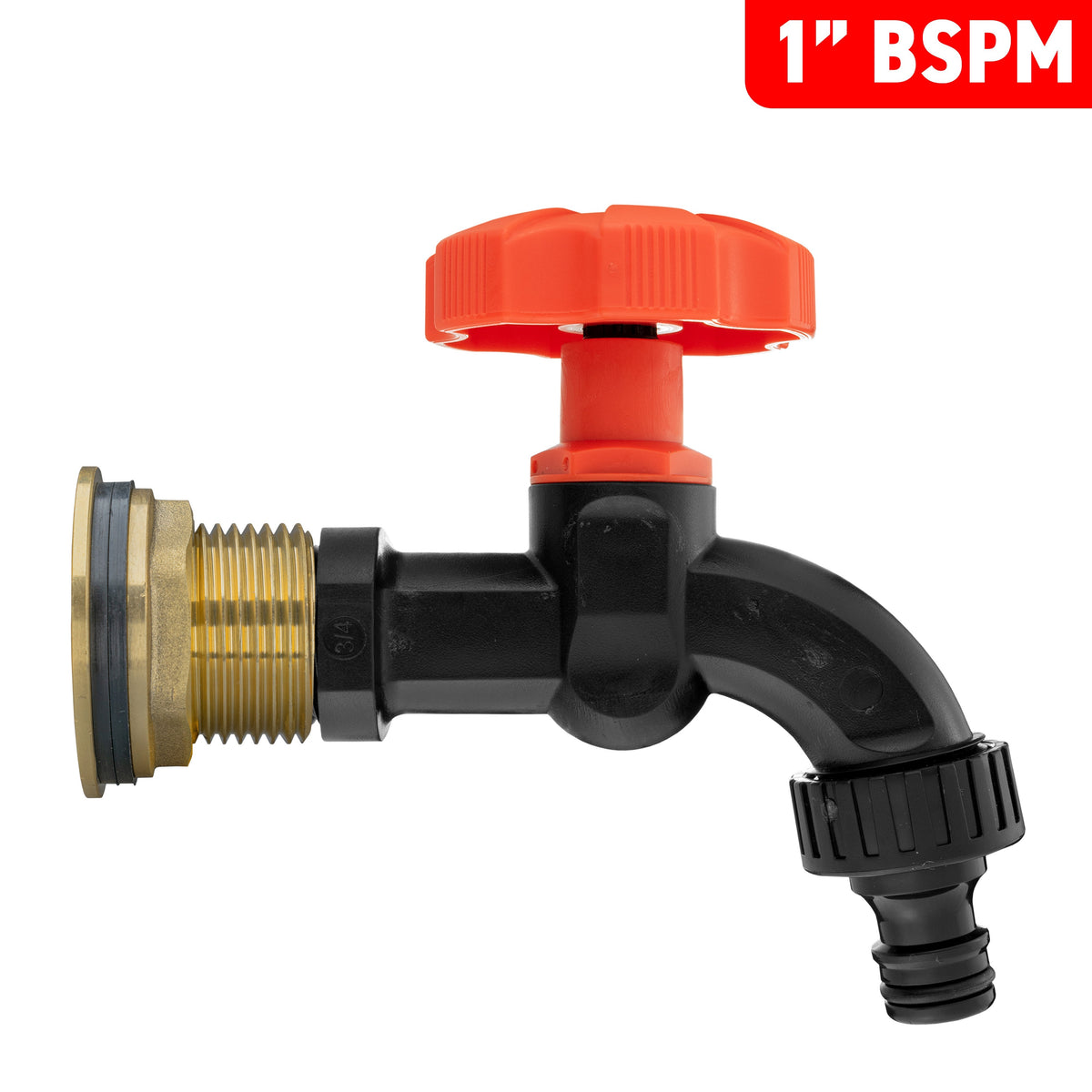 Brass Water Butt Tap Kit 1in with Black Dial Tap + 34mm Drill Bit Hose Fitting