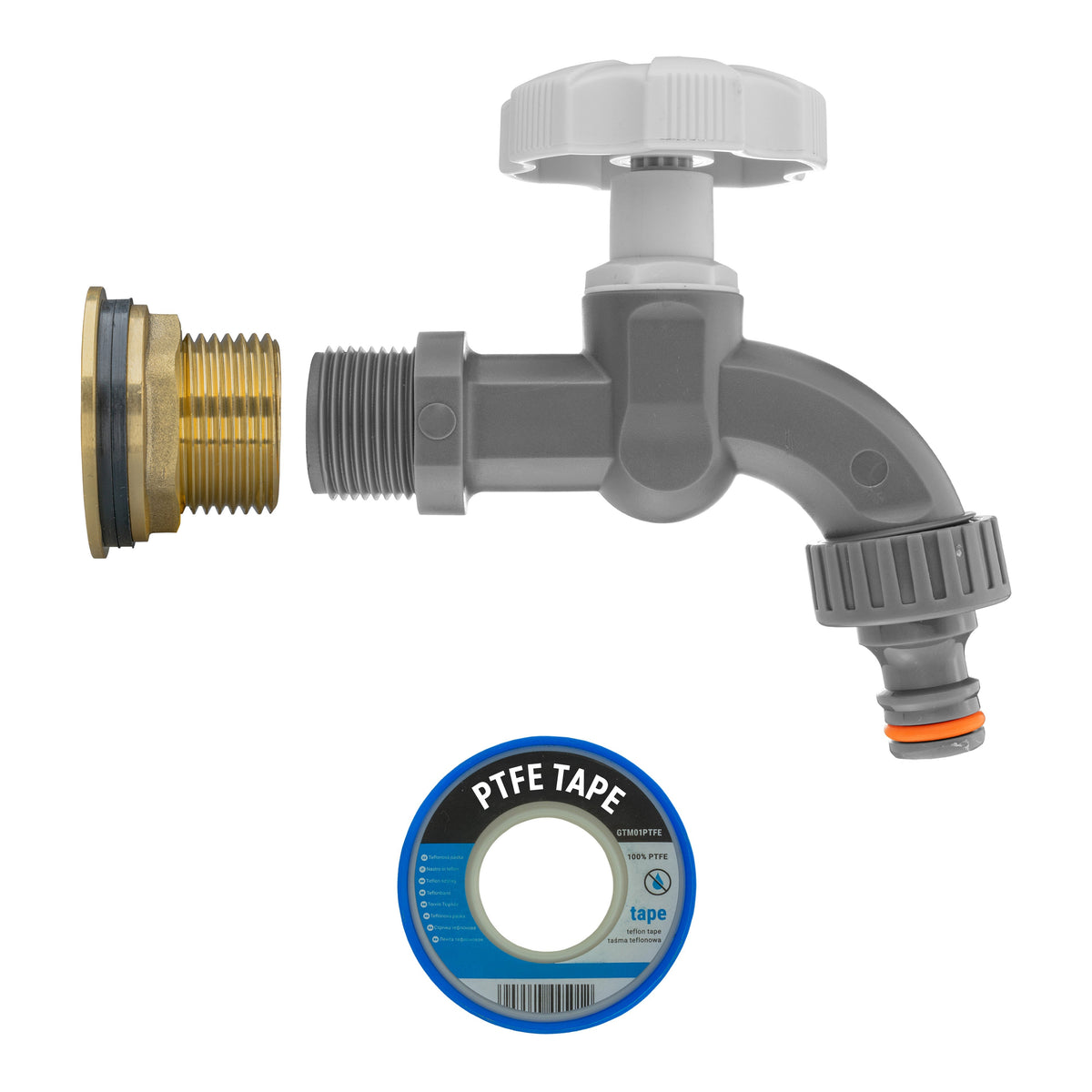 Brass Water Butt Tap Kit 1in with Grey Dial Tap + 34mm Drill Bit Hose Fitting