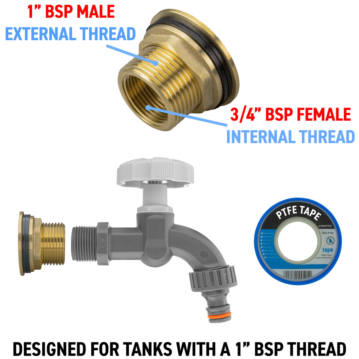 Brass Water Butt Tap Kit 1in with Grey Dial Tap + 34mm Drill Bit Hose Fitting