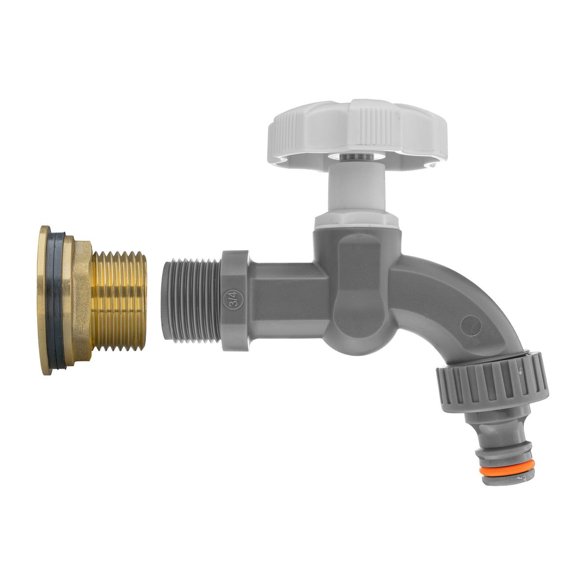 Brass Water Butt Tap Kit 1in with Grey Dial Tap + 34mm Drill Bit Hose Fitting