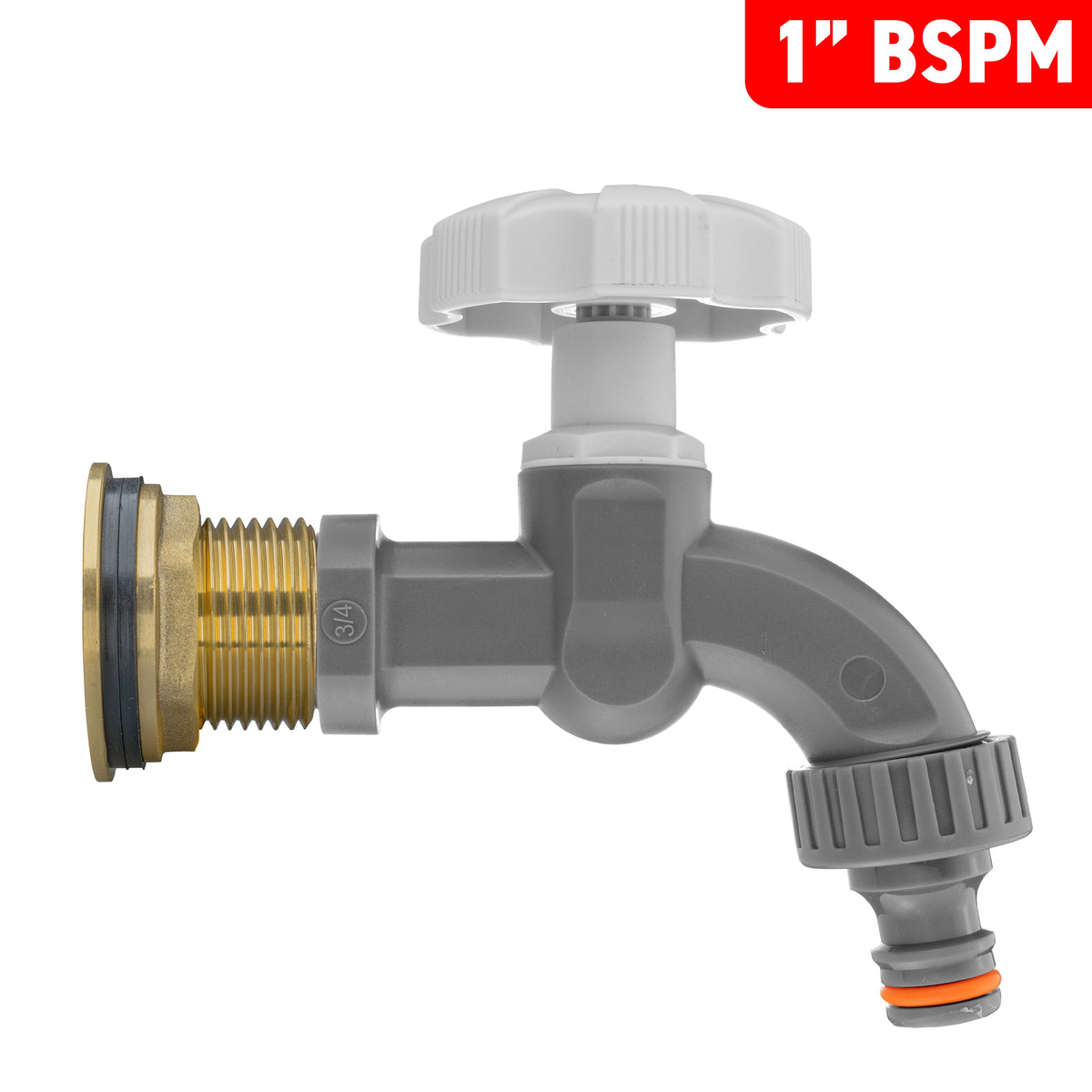 Brass Water Butt Tap Kit 1in with Grey Dial Tap + 34mm Drill Bit Hose Fitting