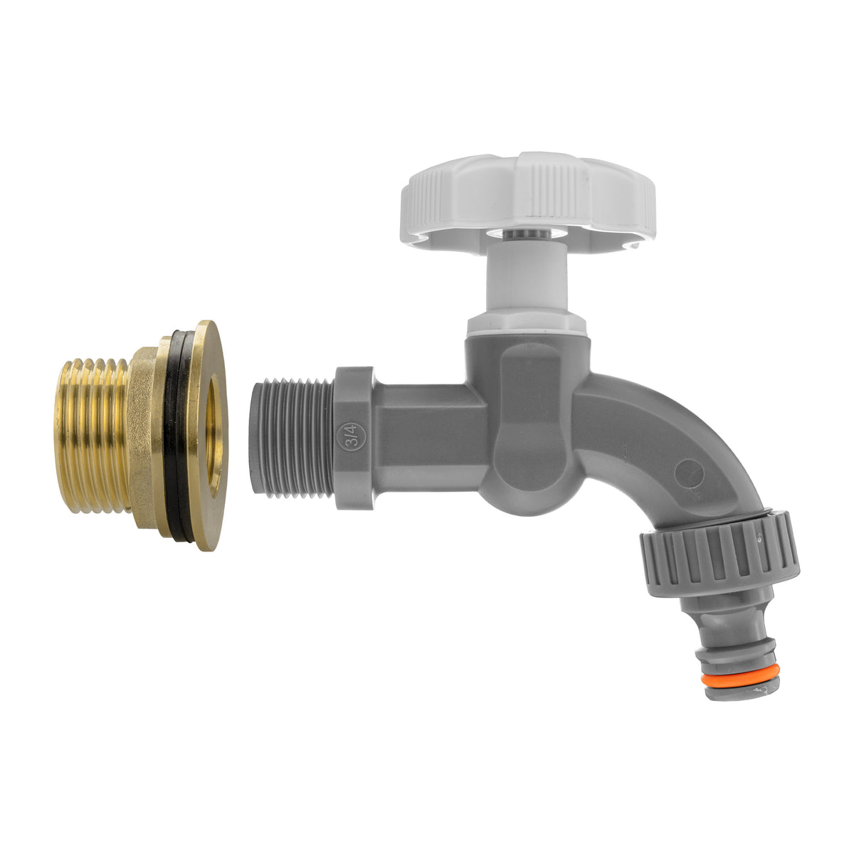 Brass Water Butt Tap Kit 1in with Grey Dial Tap + 34mm Drill Bit Hose Fitting