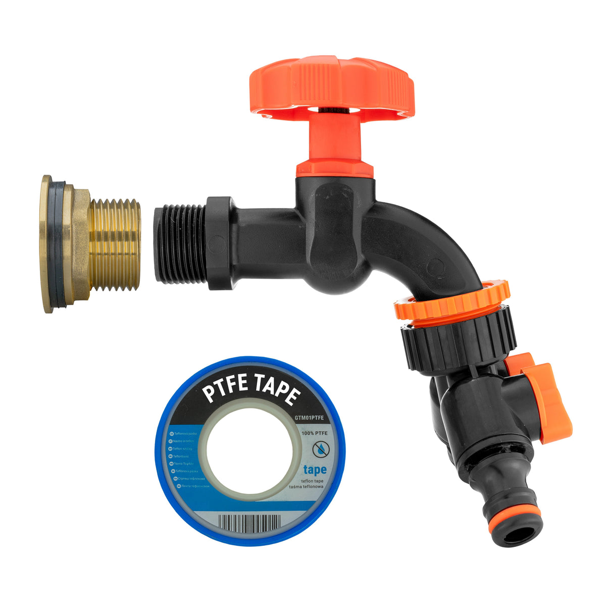 Brass Water Butt Kit 1in with Black Dial Tap + 2-Way Splitter + 34mm Drill Bit