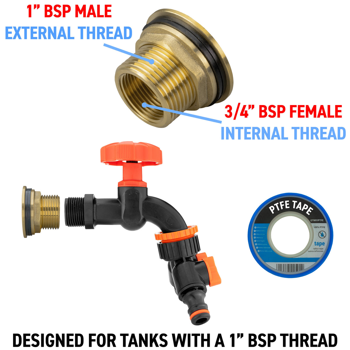 Brass Water Butt Kit 1in with Black Dial Tap + 2-Way Splitter + 34mm Drill Bit