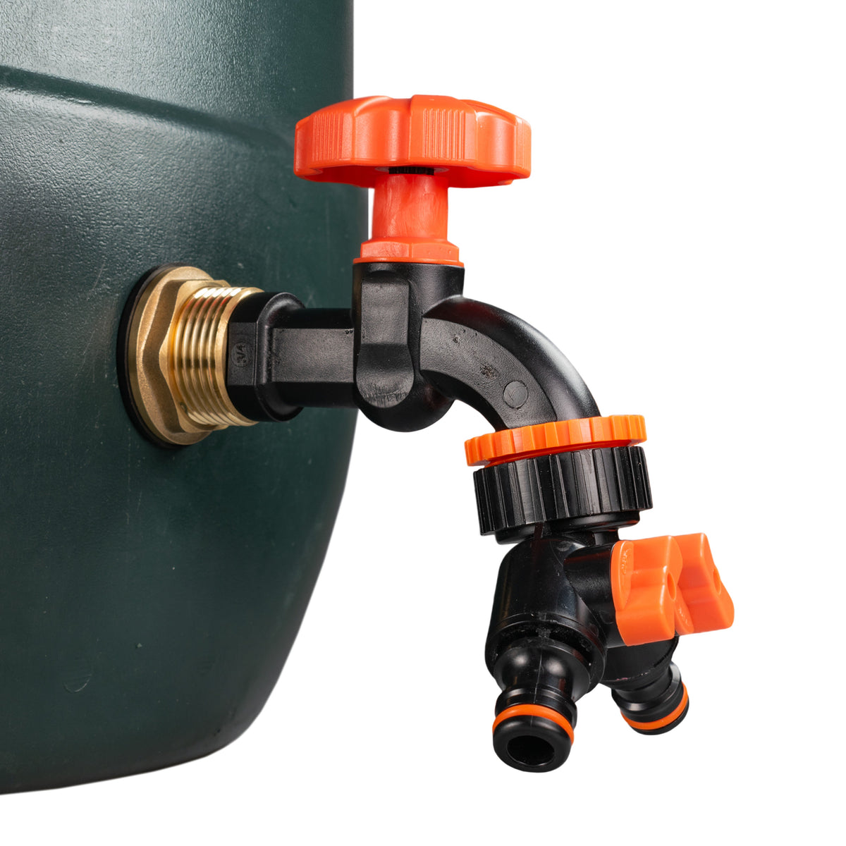 Brass Water Butt Kit 1in with Black Dial Tap + 2-Way Splitter + 34mm Drill Bit