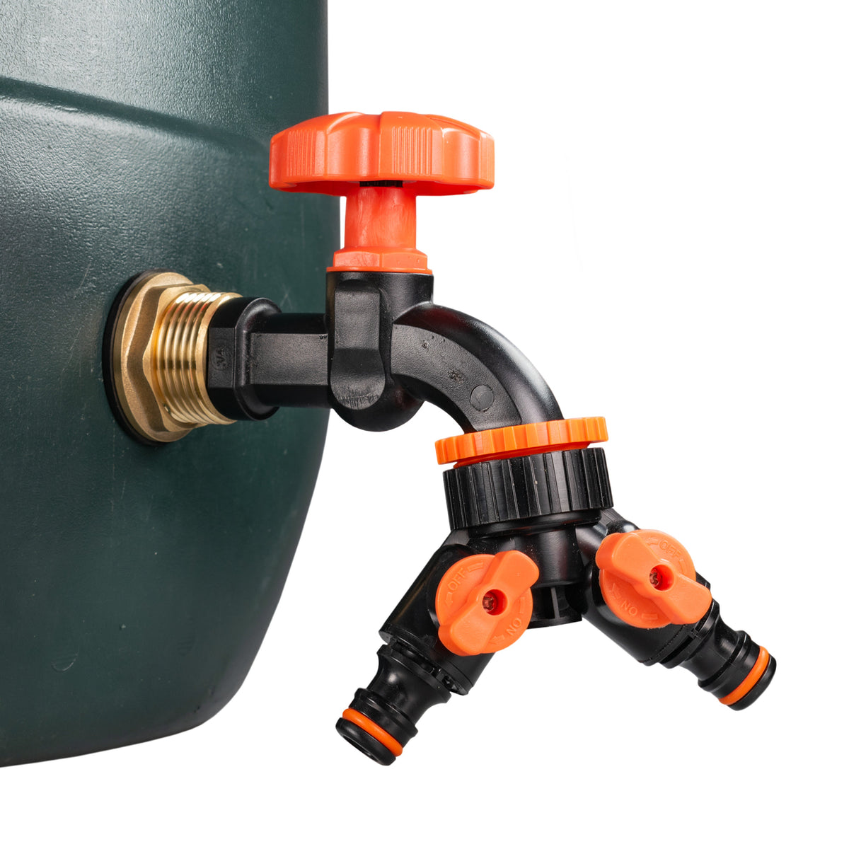 Brass Water Butt Kit 1in with Black Dial Tap + 2-Way Splitter + 34mm Drill Bit