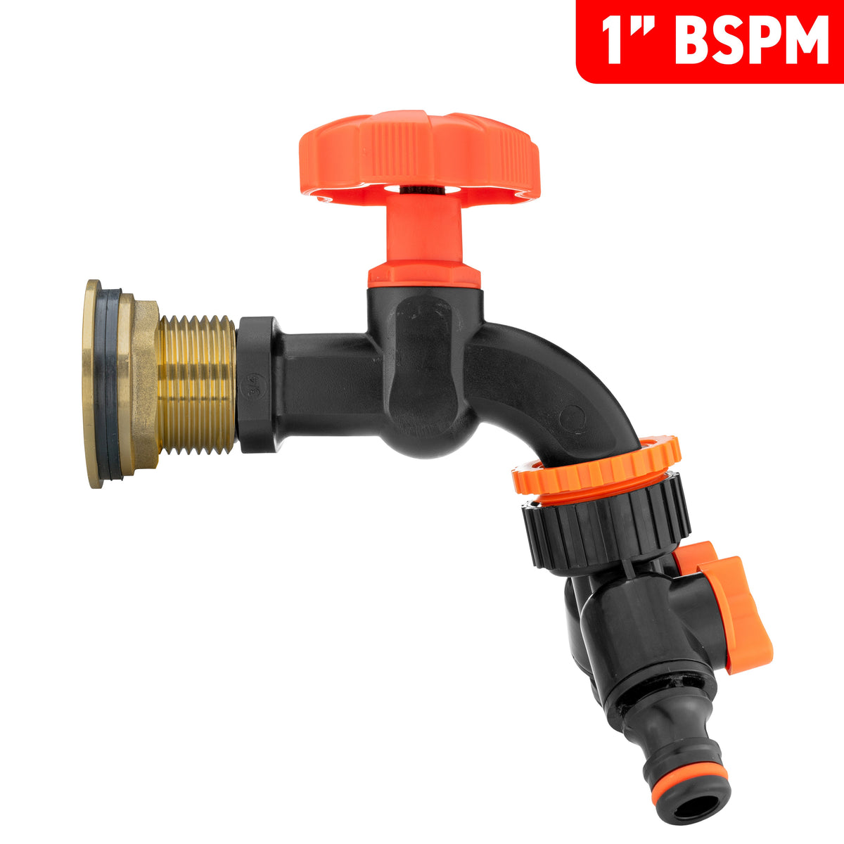 Brass Water Butt Kit 1in with Black Dial Tap + 2-Way Splitter + 34mm Drill Bit