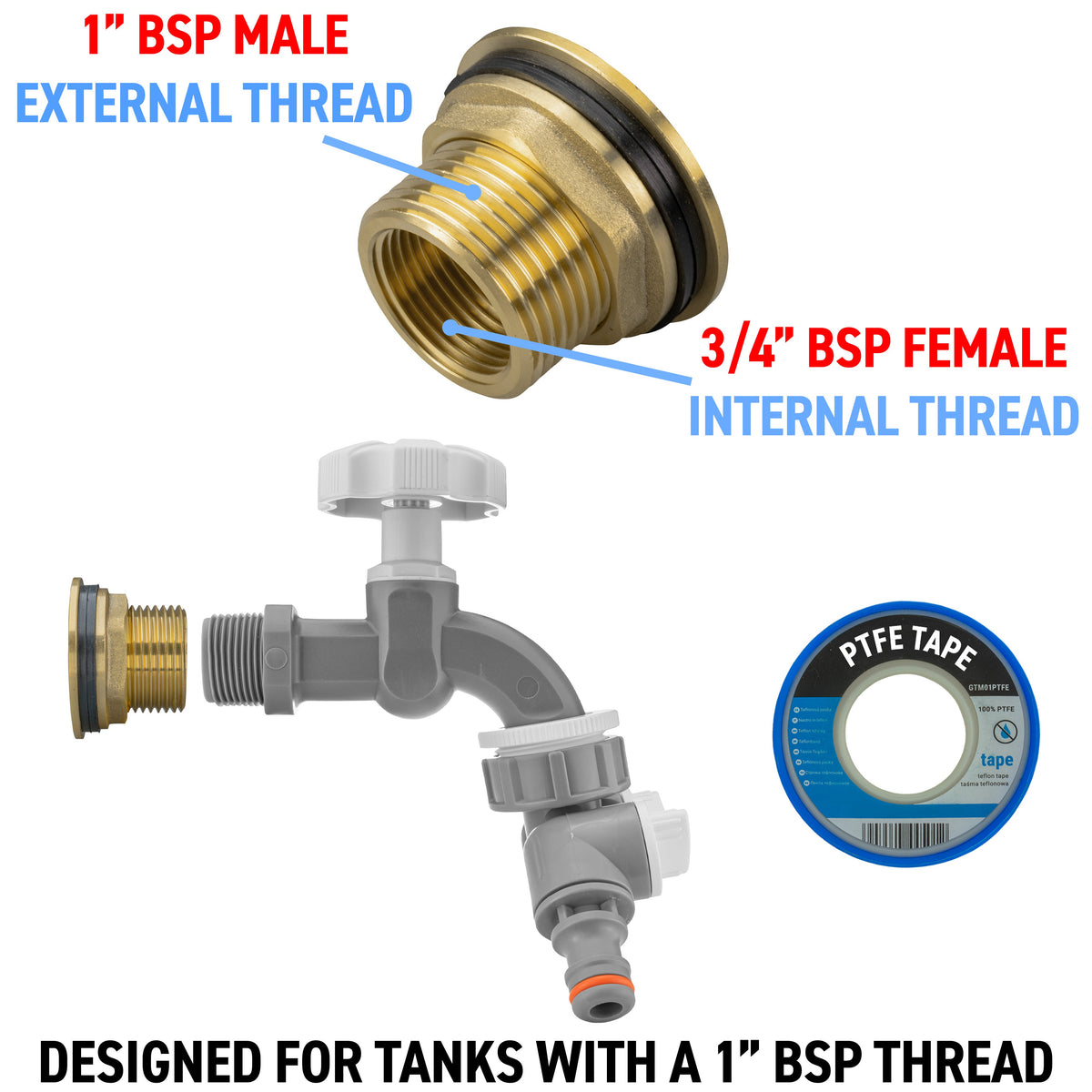 Brass Water Butt Kit 1in with Grey Dial Tap + 2-Way Splitter + 34mm Drill Bit