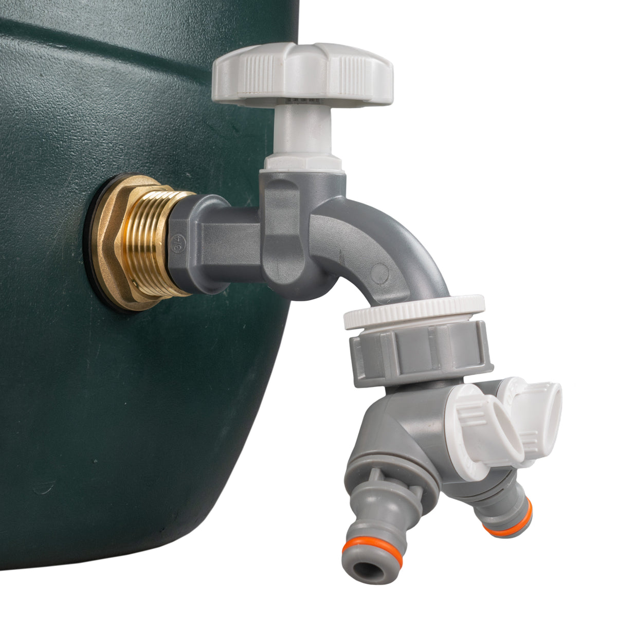 Brass Water Butt Kit 1in with Grey Dial Tap + 2-Way Splitter + 34mm Drill Bit