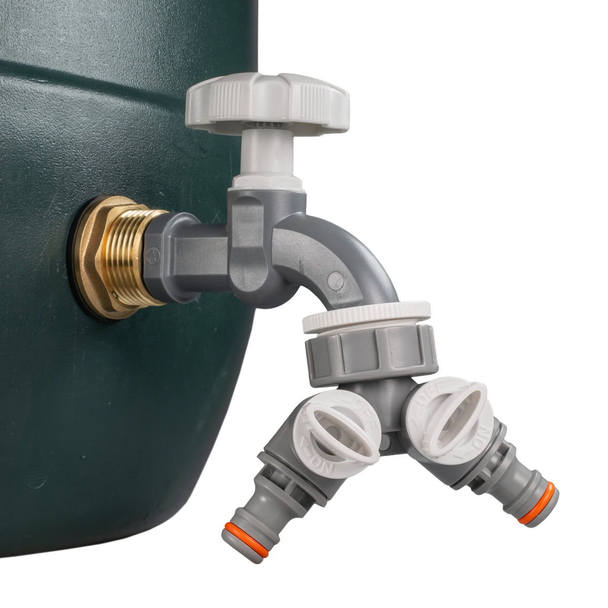 Brass Water Butt Kit 1in with Grey Dial Tap + 2-Way Splitter + 34mm Drill Bit