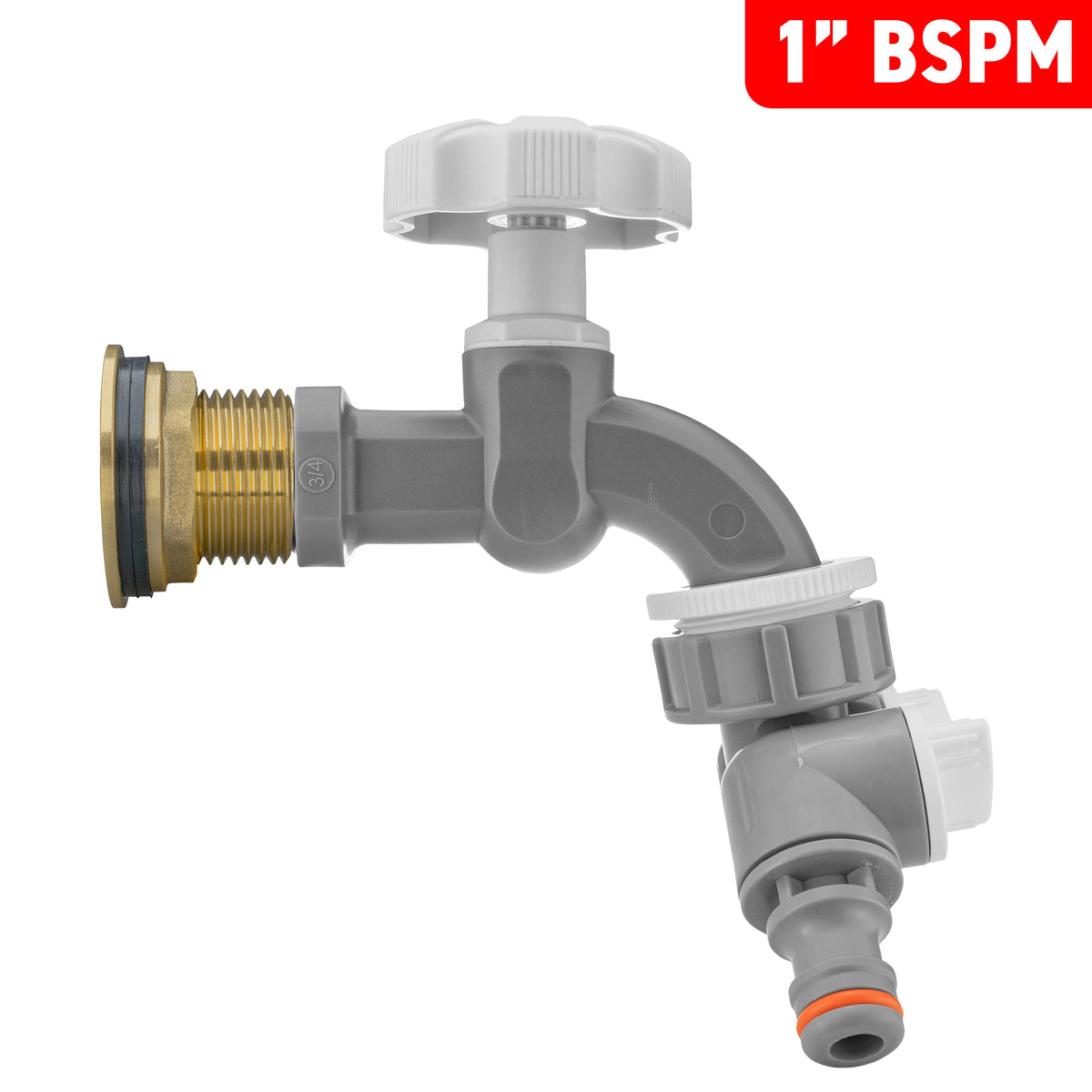 Brass Water Butt Kit 1in with Grey Dial Tap + 2-Way Splitter + 34mm Drill Bit
