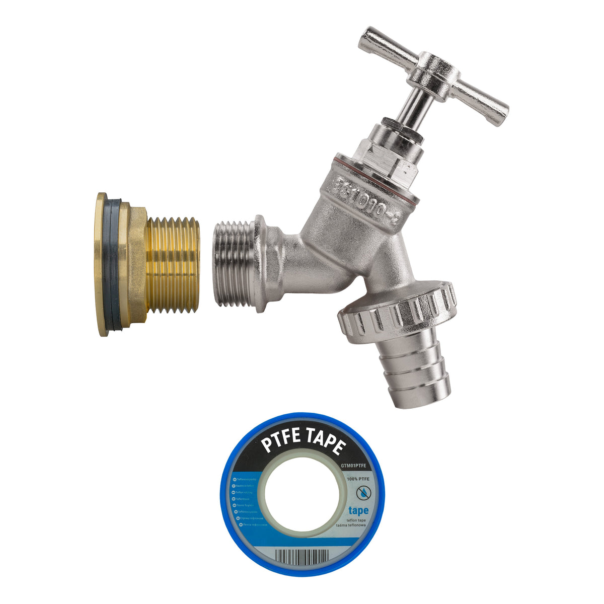 Brass Water Butt Tap Kit 1in with Nickel Plated Barbed Bib Tap + 34mm Drill Bit