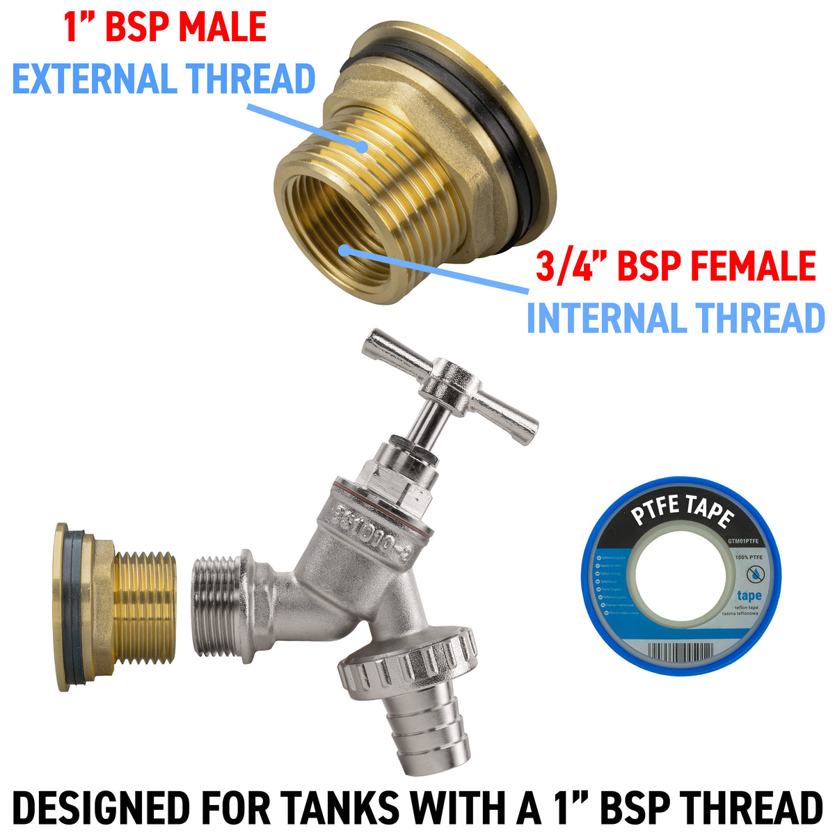 Brass Water Butt Tap Kit 1in with Nickel Plated Barbed Bib Tap + 34mm Drill Bit