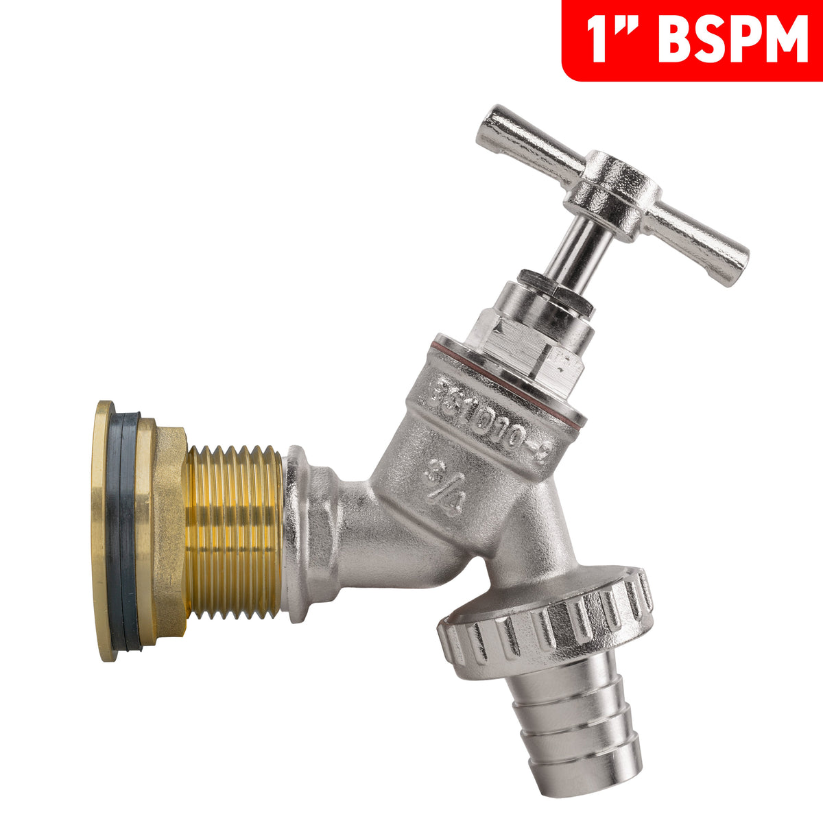 Brass Water Butt Tap Kit 1in with Nickel Plated Barbed Bib Tap + 34mm Drill Bit