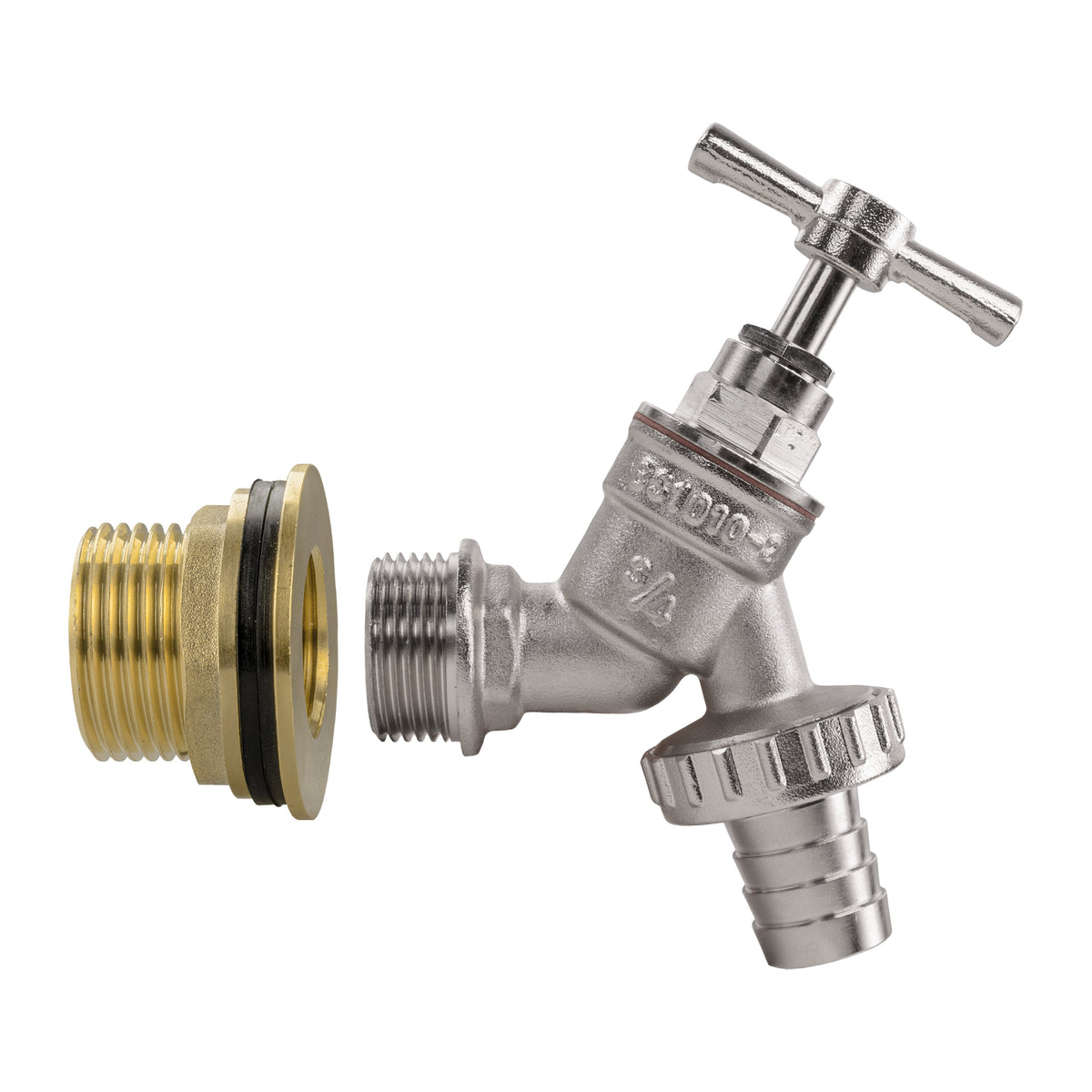 Brass Water Butt Tap Kit 1in with Nickel Plated Barbed Bib Tap + 34mm Drill Bit