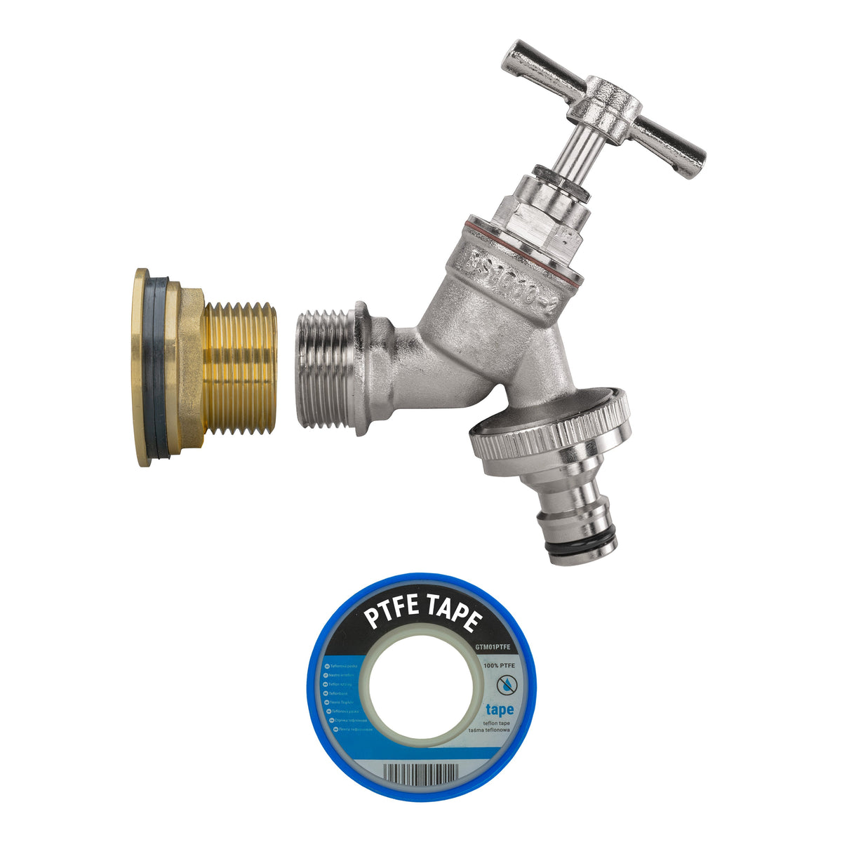 Brass Water Butt Kit 1in with Nickel Plated Quick Connect Tap + 34mm Drill Bit