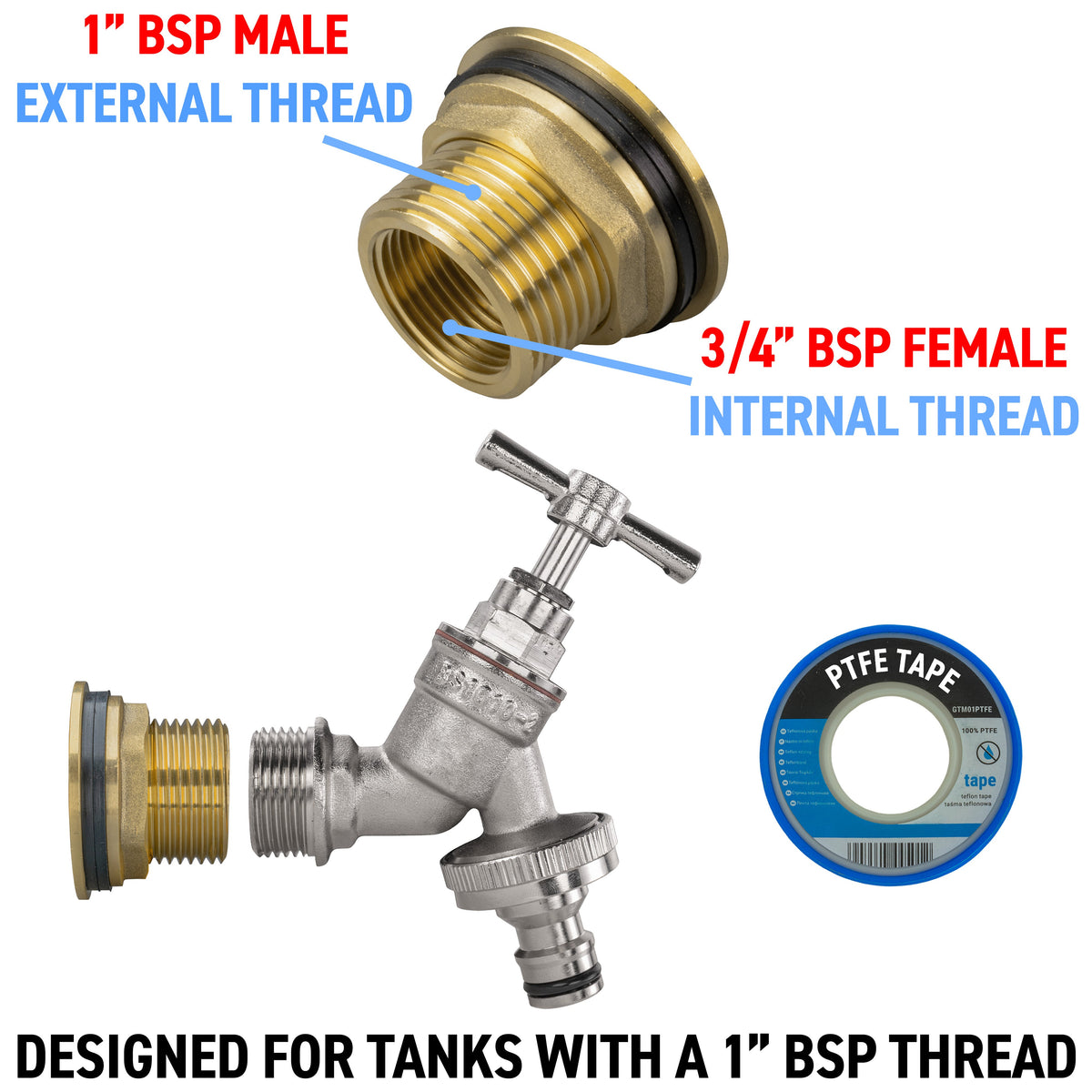 Brass Water Butt Kit 1in with Nickel Plated Quick Connect Tap + 34mm Drill Bit
