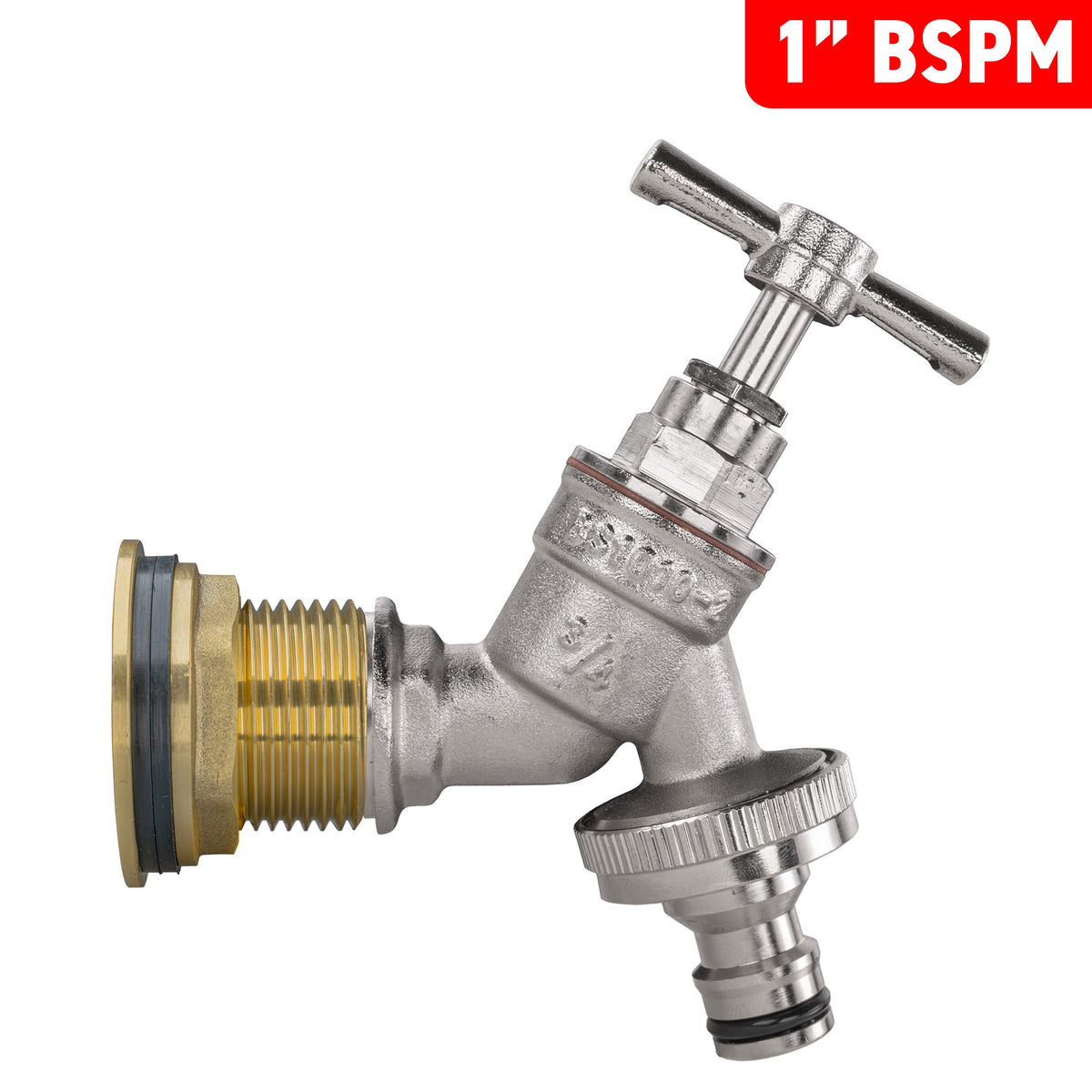 Brass Water Butt Kit 1in with Nickel Plated Quick Connect Tap + 34mm Drill Bit