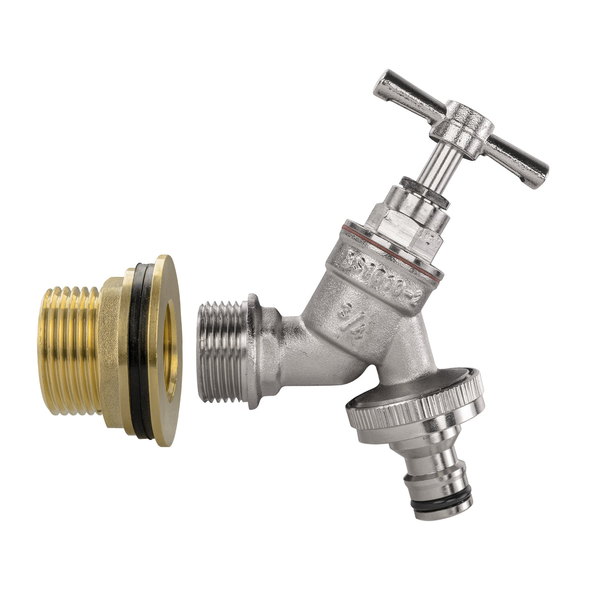 Brass Water Butt Kit 1in with Nickel Plated Quick Connect Tap + 34mm Drill Bit