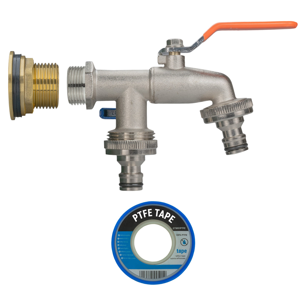 Brass Water Butt Kit 1in with Double Snap-On Tap + Connector + 34mm Drill Bit