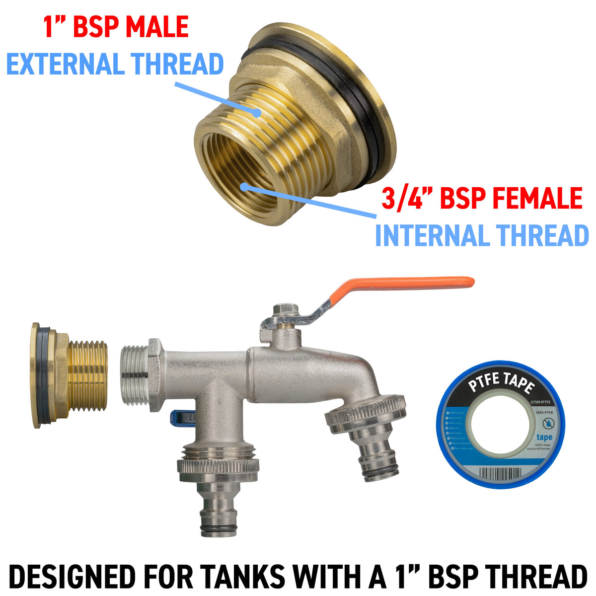 Brass Water Butt Kit 1in with Double Snap-On Tap + Connector + 34mm Drill Bit
