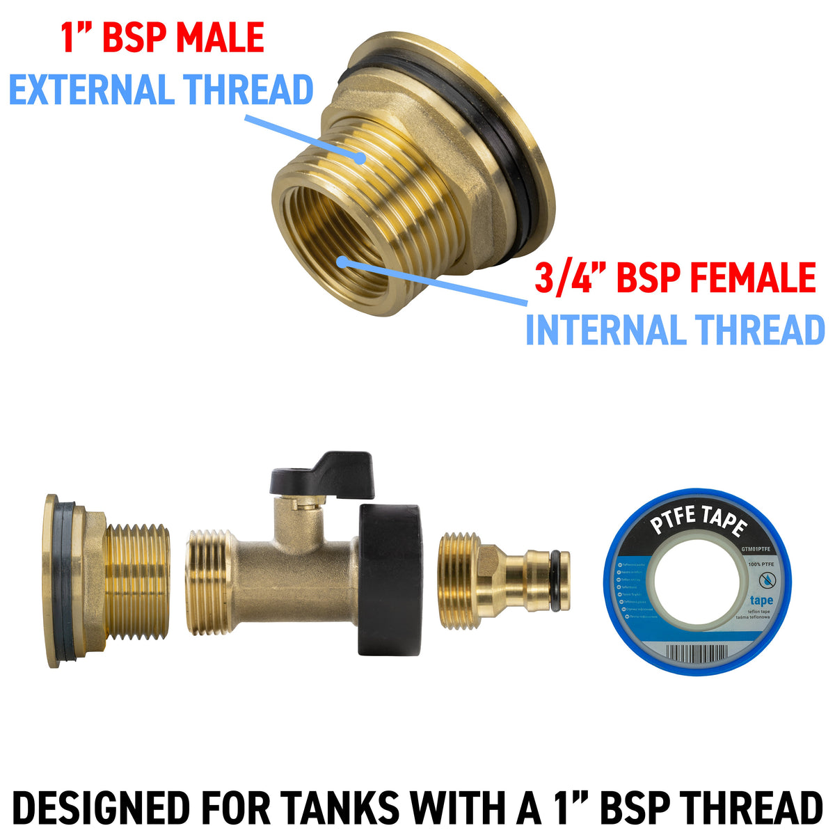 Brass Water Butt Kit 1in with Brass Valve + Tap Connector + 34mm Drill Bit