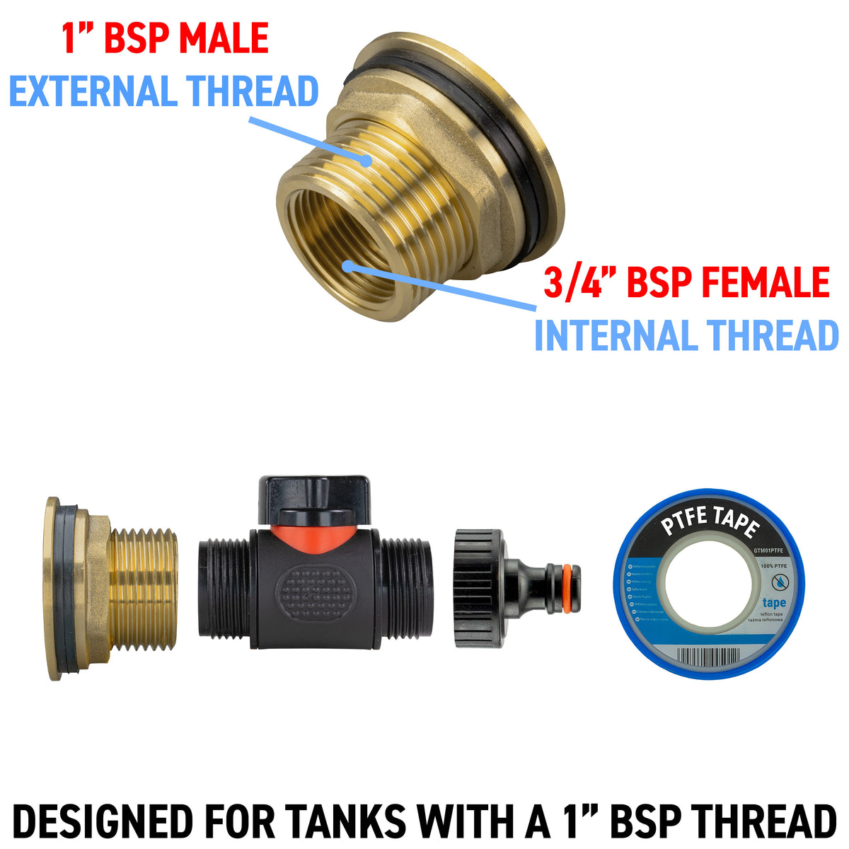 Water Butt Extension Kit 3/4in with Valve + Tap Connector + 34mm Drill Bit
