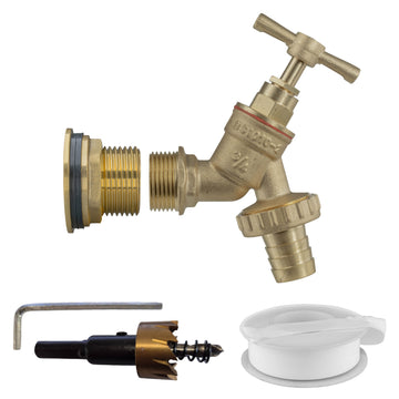 Brass Water Butt Tap Kit 1in with Brass Barbed Bib Tap + 34mm Drill Bit