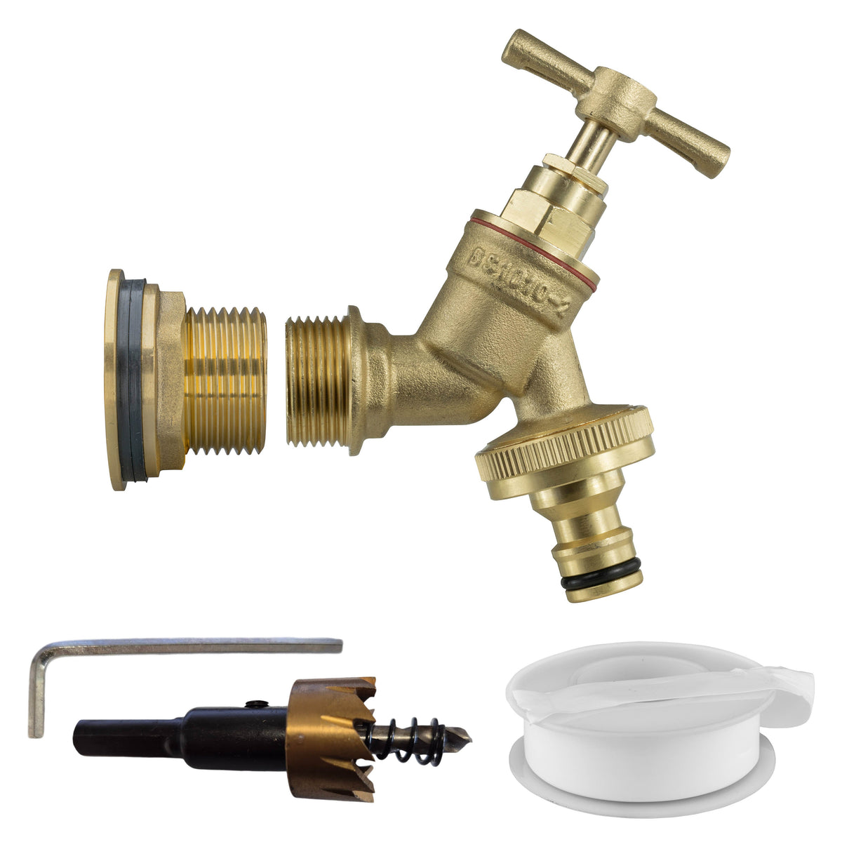 Brass Water Butt Tap Kit 1in with Brass Quick Connect Bib Tap + 34mm Drill Bit