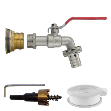 Brass Water Butt Tap Kit 1in with Barbed Lever Tap + 34mm Drill Bit Hose Fitting