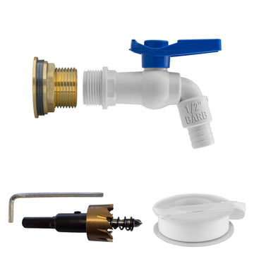 Brass Water Butt Tap Kit 1in with White PVC Tap + 34mm Drill Bit Hose Fitting