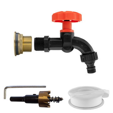 Brass Water Butt Tap Kit 1in with Black Dial Tap + 34mm Drill Bit Hose Fitting