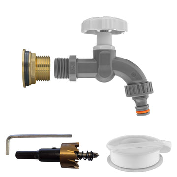 Brass Water Butt Tap Kit 1in with Grey Dial Tap + 34mm Drill Bit Hose Fitting