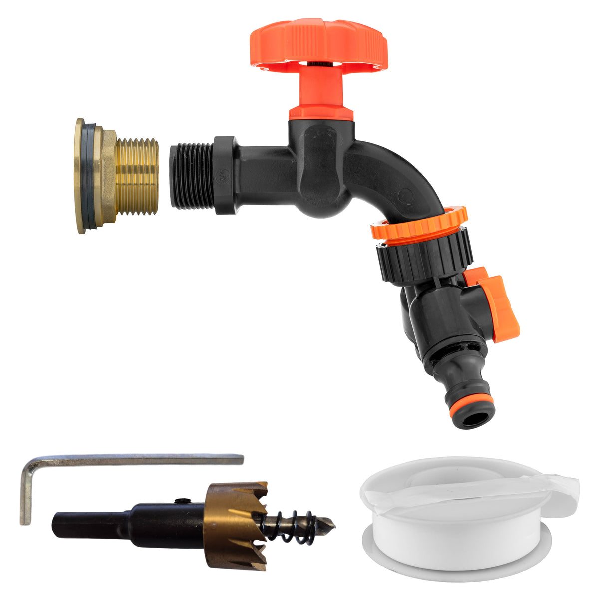 Brass Water Butt Kit 1in with Black Dial Tap + 2-Way Splitter + 34mm Drill Bit
