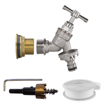Brass Water Butt Kit 1in with Nickel Plated Quick Connect Tap + 34mm Drill Bit